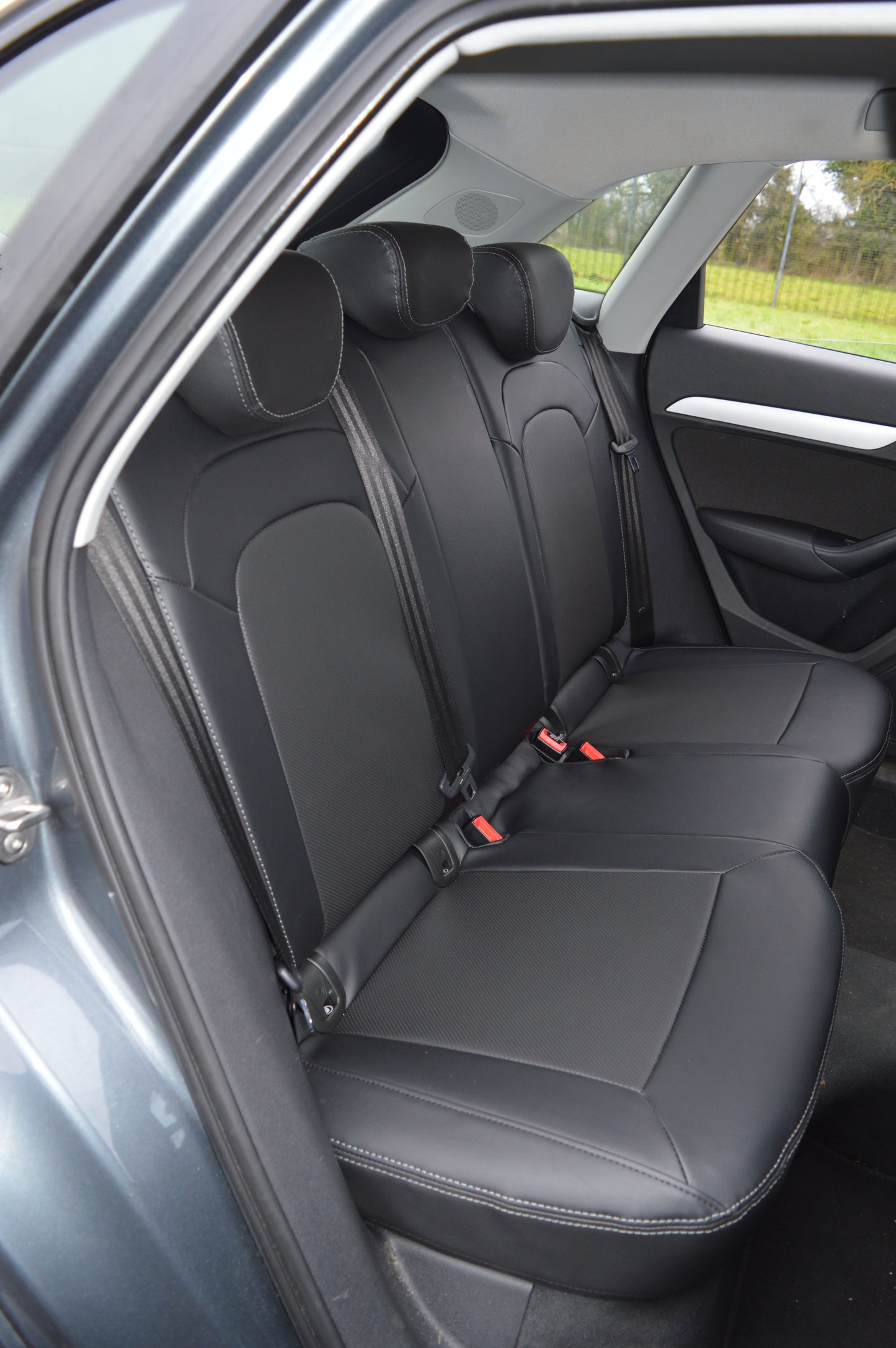 Audi Q3 8U Seat Covers (2011–2019) | Black Perforated Leatherette & Silver Stitching | Custom Made to Order