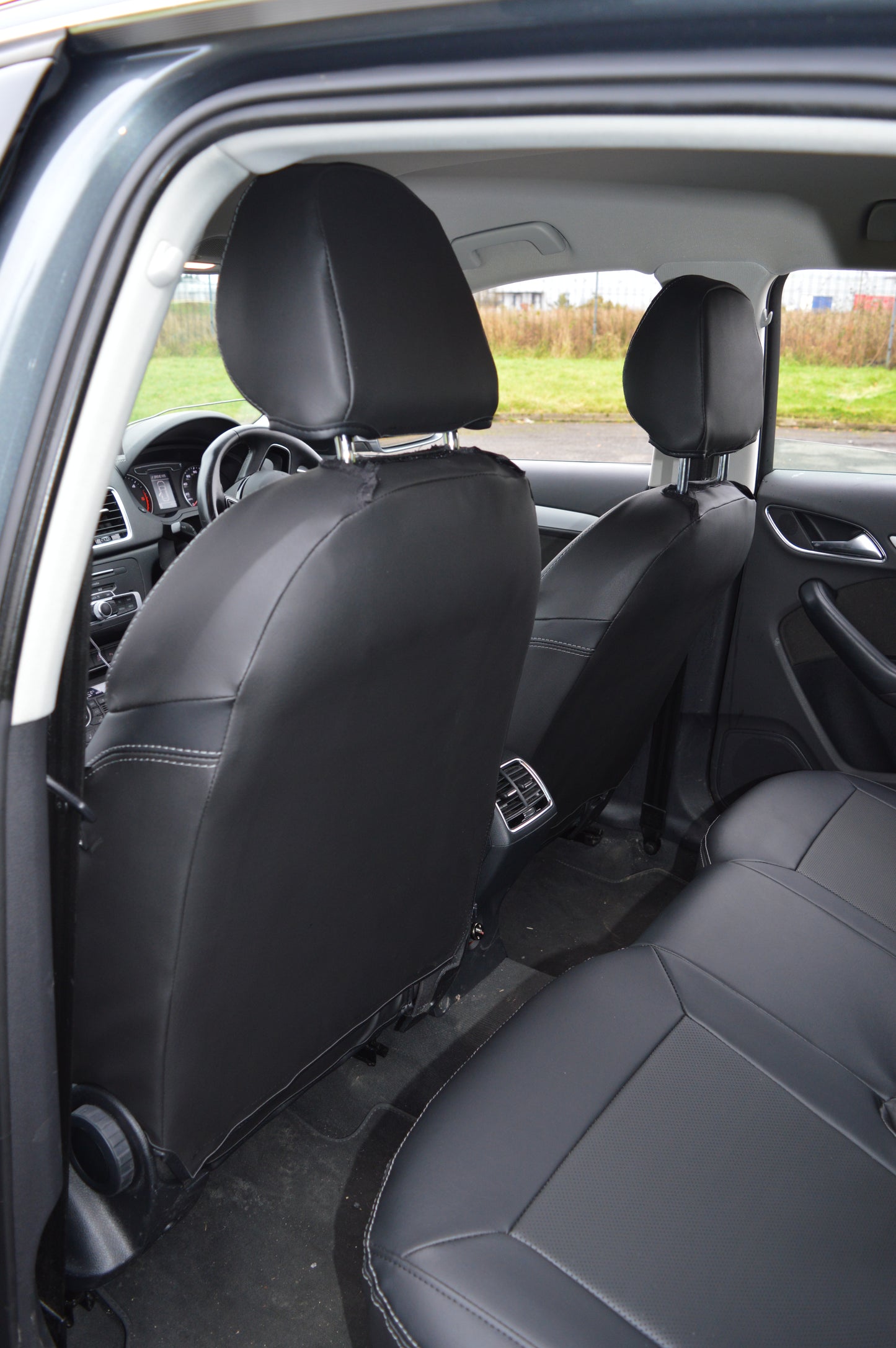 Audi Q3 8U Seat Covers (2011–2019) | Black Perforated Leatherette & Silver Stitching | Custom Made to Order