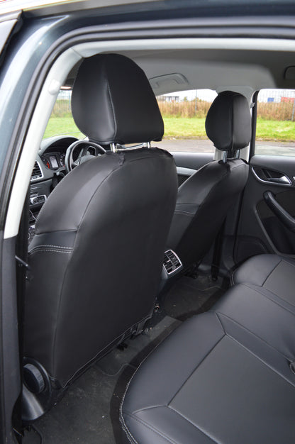 Audi Q3 8U Seat Covers (2011–2019) | Black Perforated Leatherette & Silver Stitching | Custom Made to Order