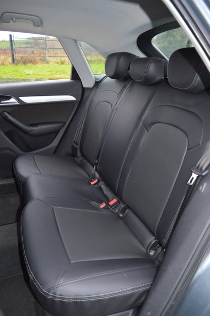 Audi Q3 8U Seat Covers (2011–2019) | Black Perforated Leatherette & Silver Stitching | Custom Made to Order