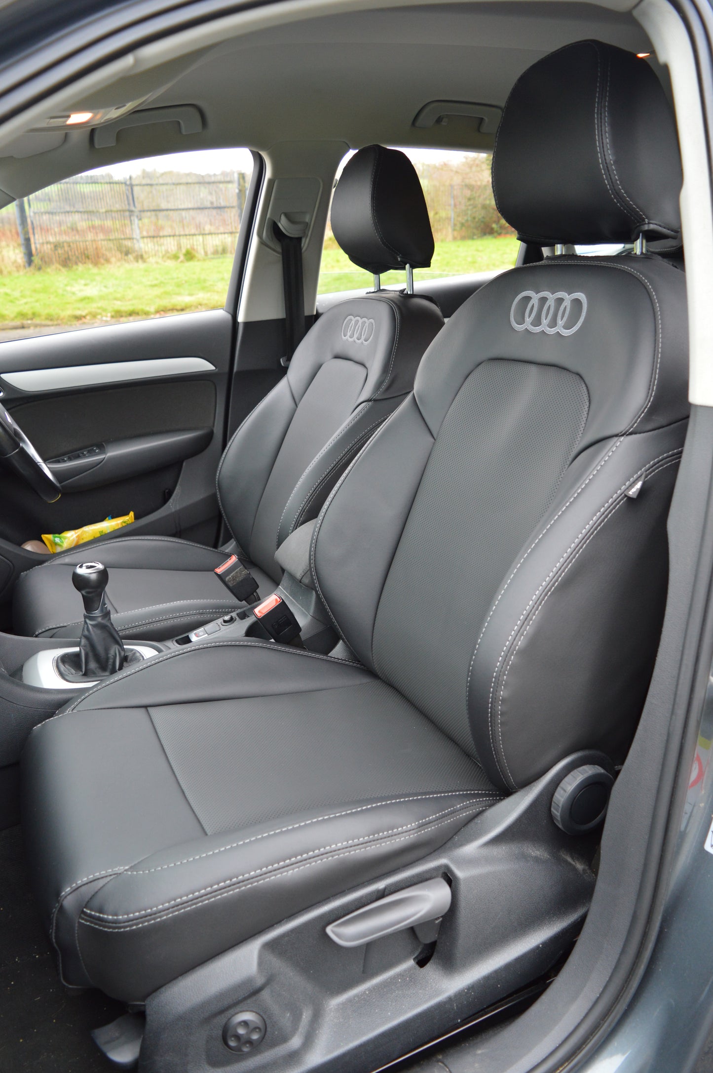 Audi Q3 8U Seat Covers (2011–2019) | Black Perforated Leatherette & Silver Stitching | Custom Made to Order