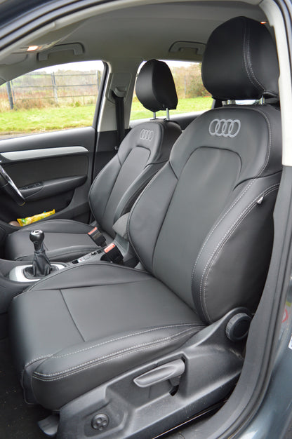 Audi Q3 8U Seat Covers (2011–2019) | Black Perforated Leatherette & Silver Stitching | Custom Made to Order