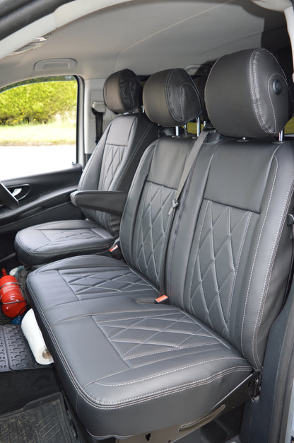 Mercedes Benz Vito W447 9 Seater Seat Covers | Black Diamond Stitched Leatherette