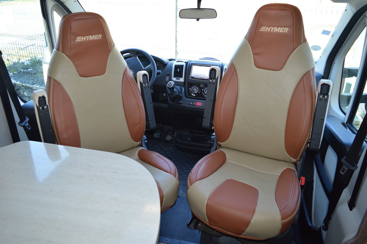 Hymer Motorhome Seat Covers | Terracotta & Beige Leatherette | Custom Made to Order