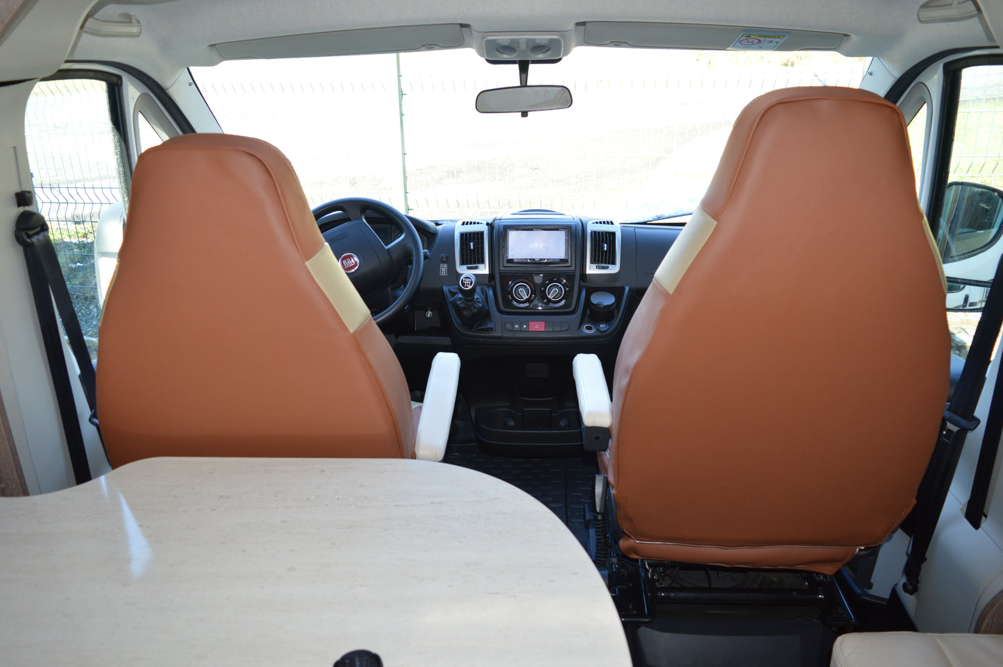 Hymer Motorhome Seat Covers | Terracotta & Beige Leatherette | Custom Made to Order