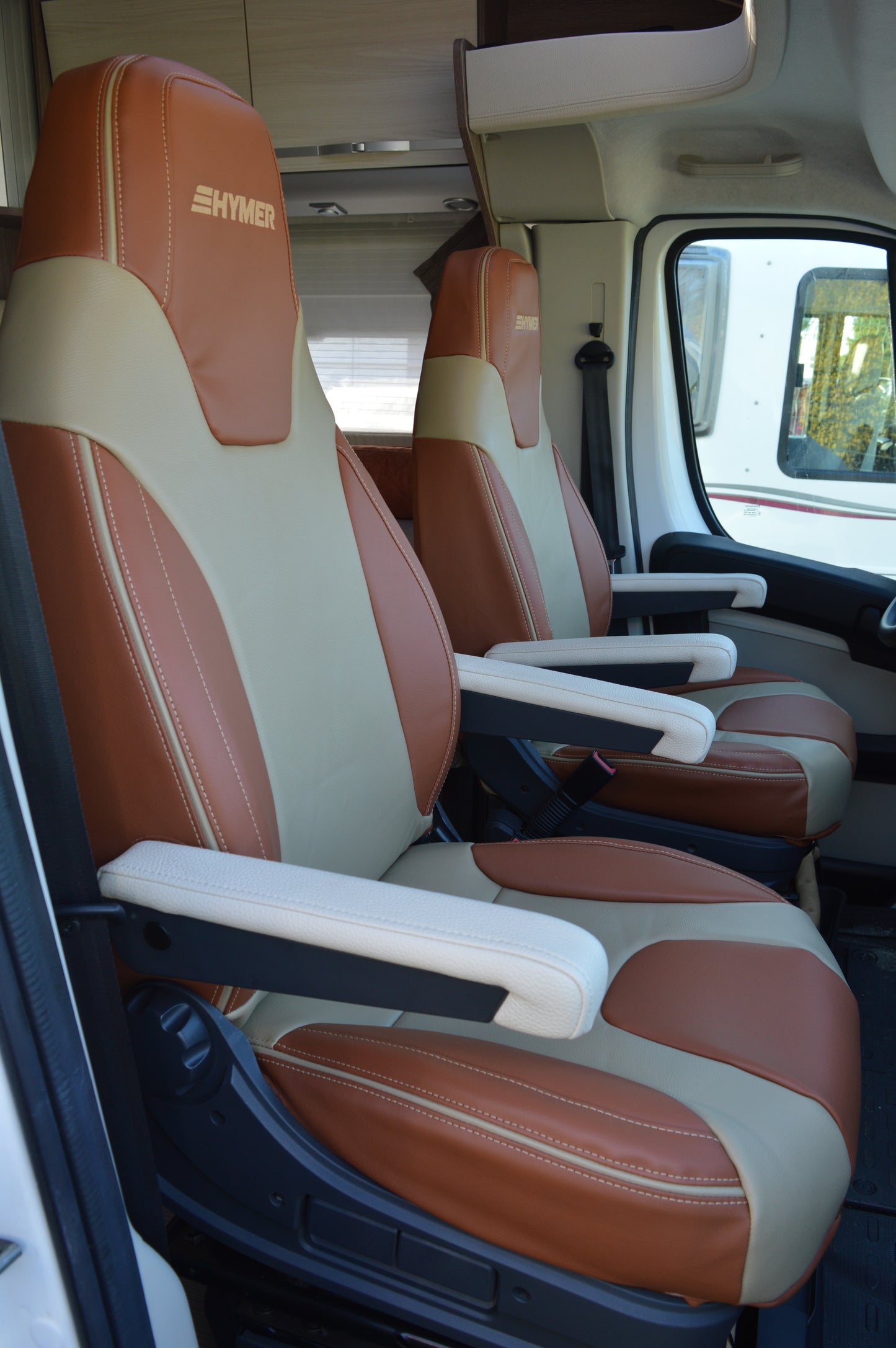 Hymer Motorhome Seat Covers | Terracotta & Beige Leatherette | Custom Made to Order