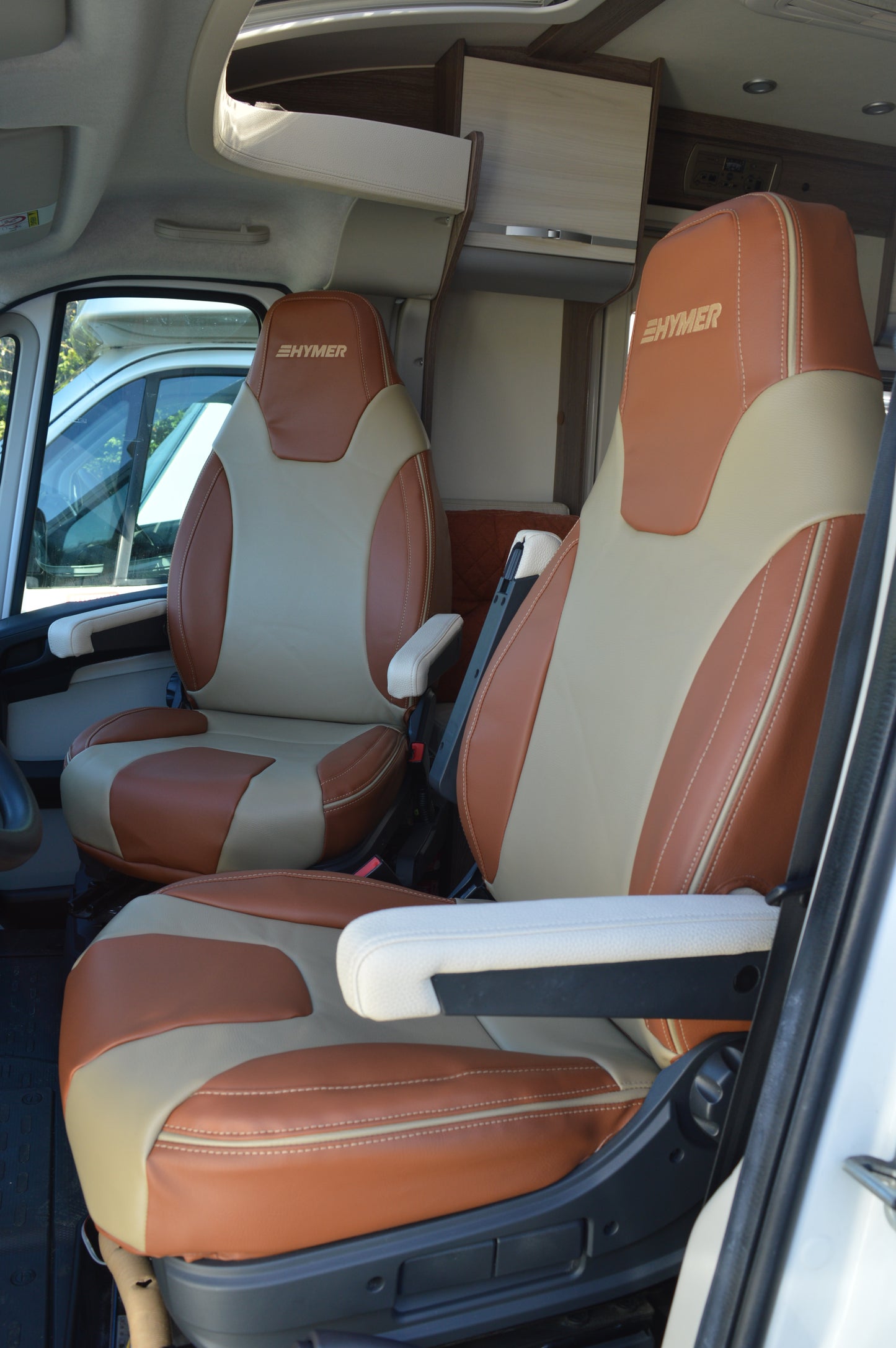 Hymer Motorhome Seat Covers | Terracotta & Beige Leatherette | Custom Made to Order