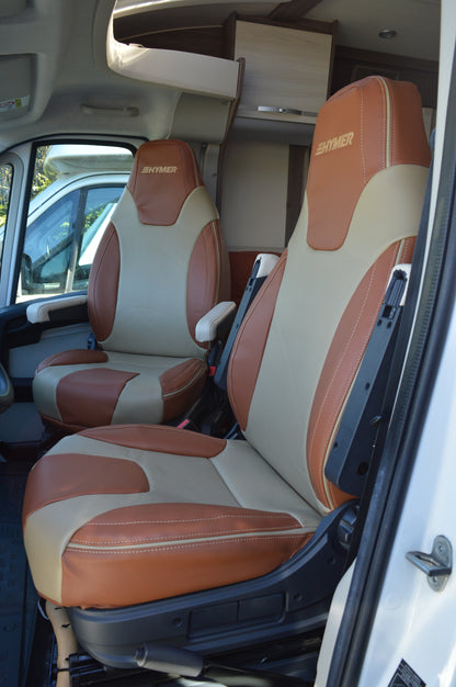 Hymer Motorhome Seat Covers | Terracotta & Beige Leatherette | Custom Made to Order