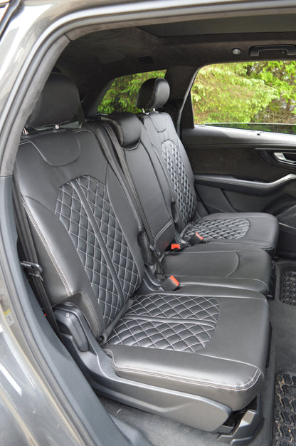 Audi Q7 4M Seat Covers (2015–2026) | Black Leatherette & Silver Diamond Stitching | Custom Made to Order