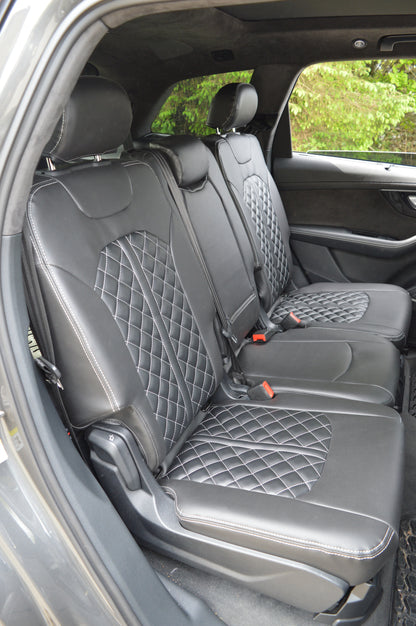 Audi Q7 4M Seat Covers (2015–2026) | Black Leatherette & Silver Diamond Stitching | Custom Made to Order