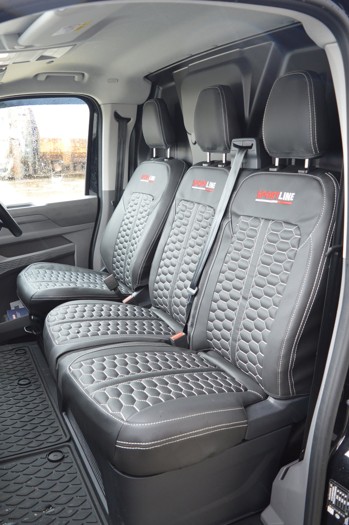 Volkswagen Transporter T7 Seat Covers | Black Leatherette with Honeycomb Face Panels, Silver Reinforced Stitching & Sportline Logos | 2024–Present | Custom Made to Order