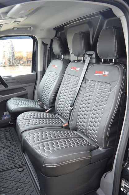 Volkswagen Transporter T7 Seat Covers | Black Leatherette with Honeycomb Face Panels, Silver Reinforced Stitching & Sportline Logos | 2024–Present | Custom Made to Order