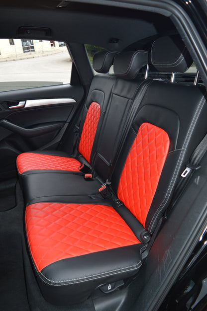 Audi Q5 8R Seat Covers (2008–2016) | Black & Argenta Red Leatherette Diamond Stitching | Custom Made to Order