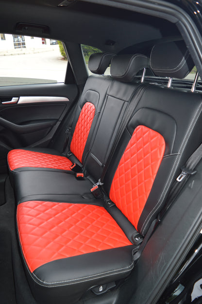 Audi Q5 8R Seat Covers (2008–2016) | Black & Argenta Red Leatherette Diamond Stitching | Custom Made to Order