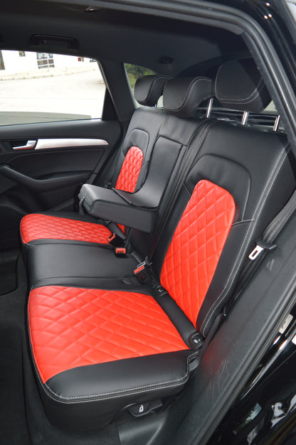 Audi Q5 8R Seat Covers (2008–2016) | Black & Argenta Red Leatherette Diamond Stitching | Custom Made to Order