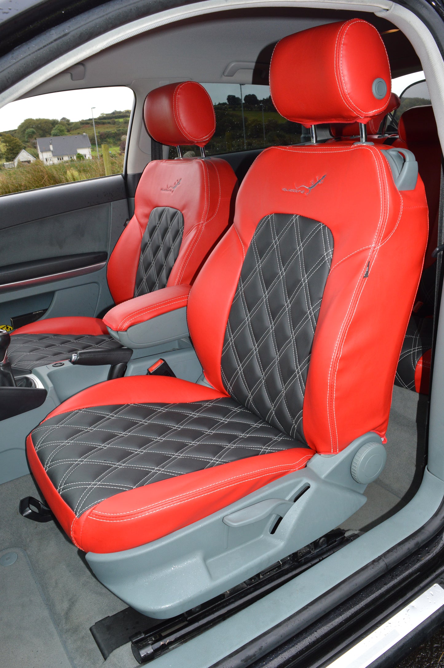 Audi A3 8P Seat Covers (2003–2012) | Red & Black Leatherette Silver Diamond Stitching | Custom Made to Order