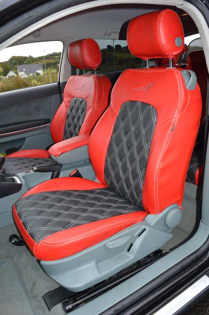 Audi A3 8P Seat Covers (2003–2012) | Red & Black Leatherette Silver Diamond Stitching | Custom Made to Order