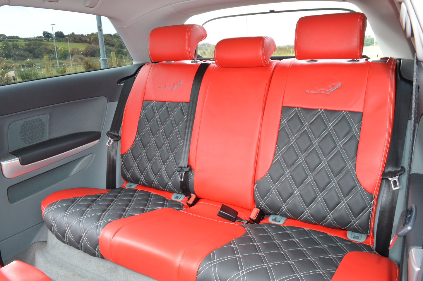 Audi A3 8P Seat Covers (2003–2012) | Red & Black Leatherette Silver Diamond Stitching | Custom Made to Order