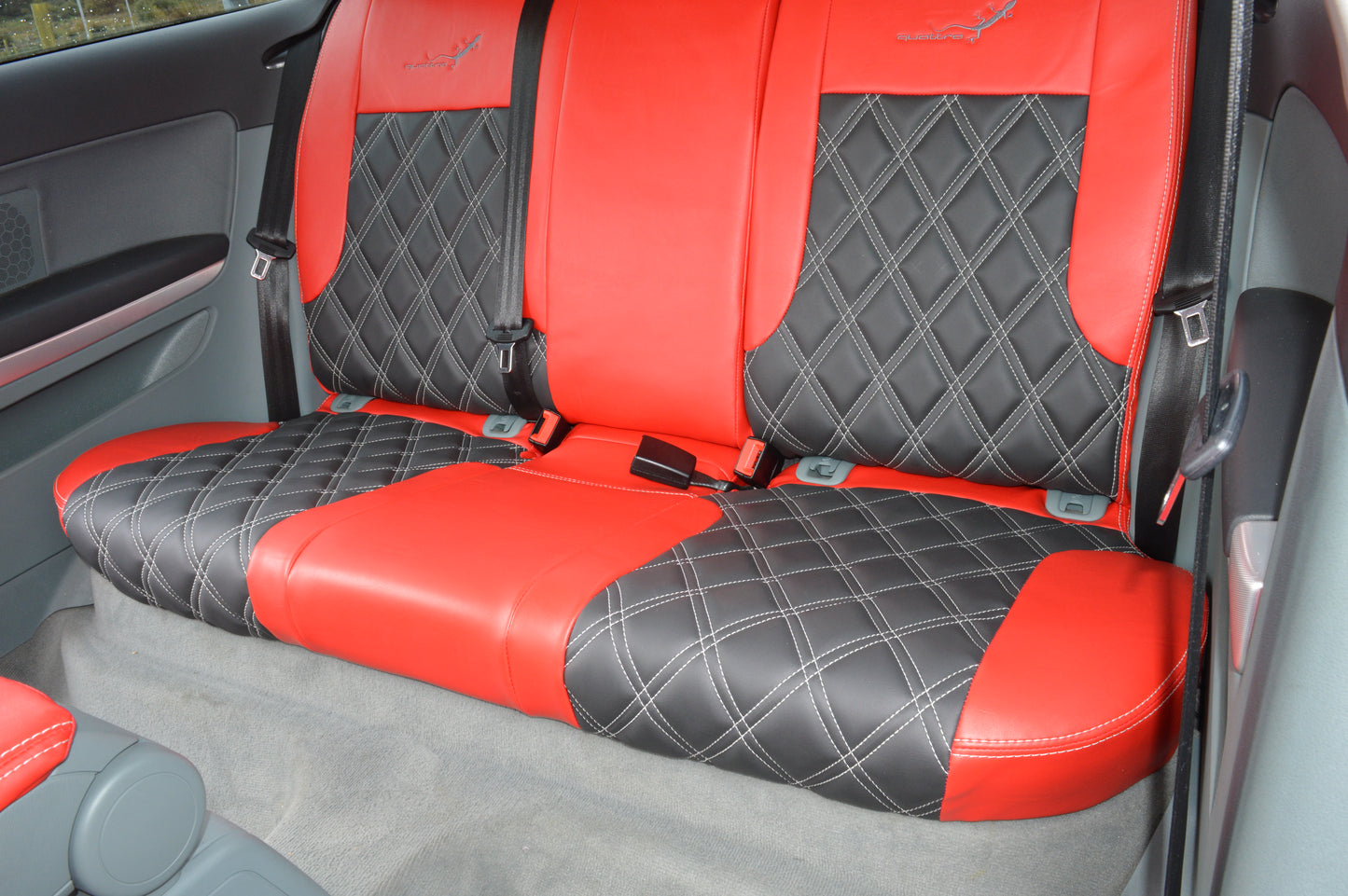 Audi A3 8P Seat Covers (2003–2012) | Red & Black Leatherette Silver Diamond Stitching | Custom Made to Order