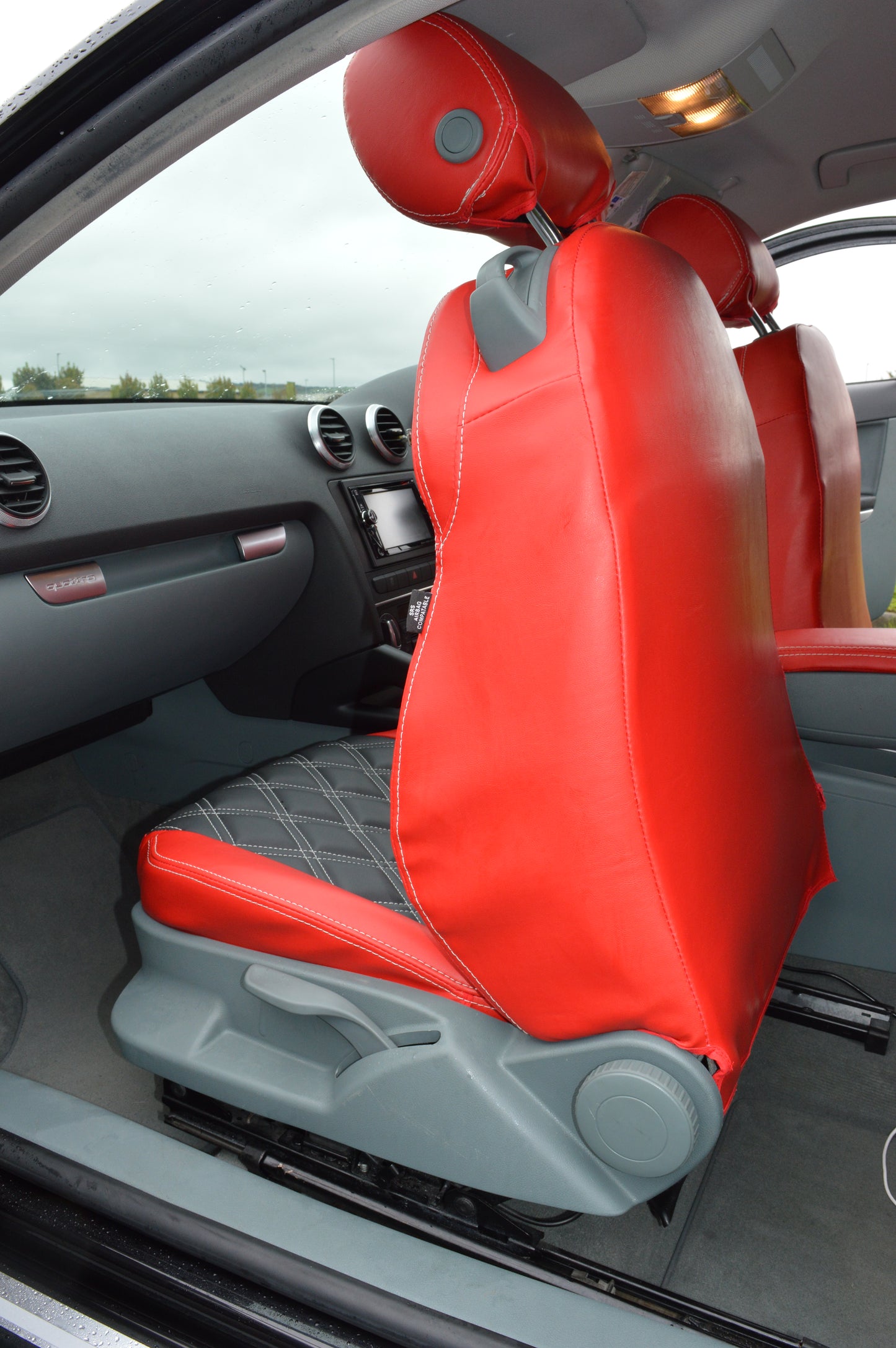 Audi A3 8P Seat Covers (2003–2012) | Red & Black Leatherette Silver Diamond Stitching | Custom Made to Order