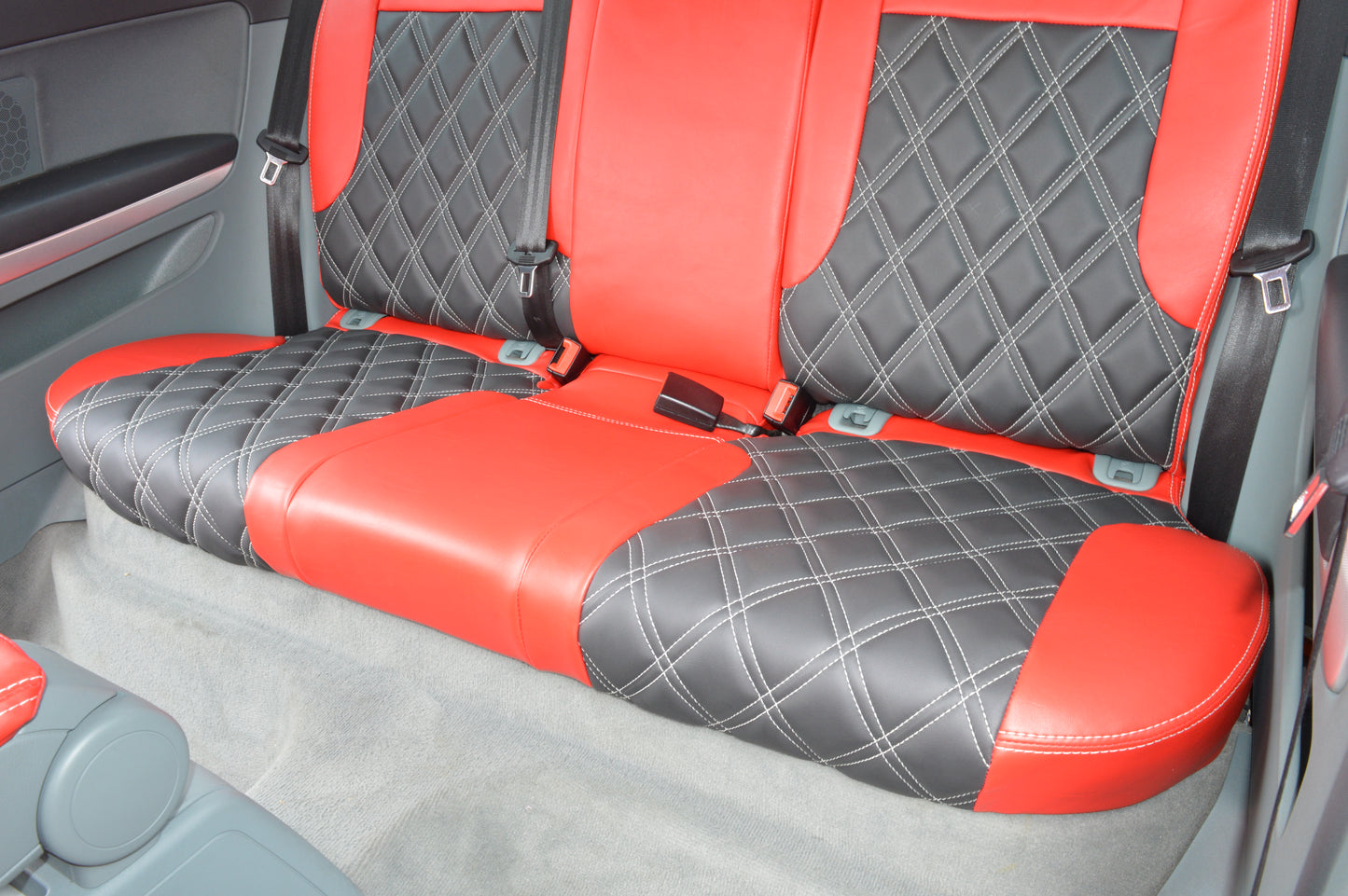 Audi A3 8P Seat Covers (2003–2012) | Red & Black Leatherette Silver Diamond Stitching | Custom Made to Order