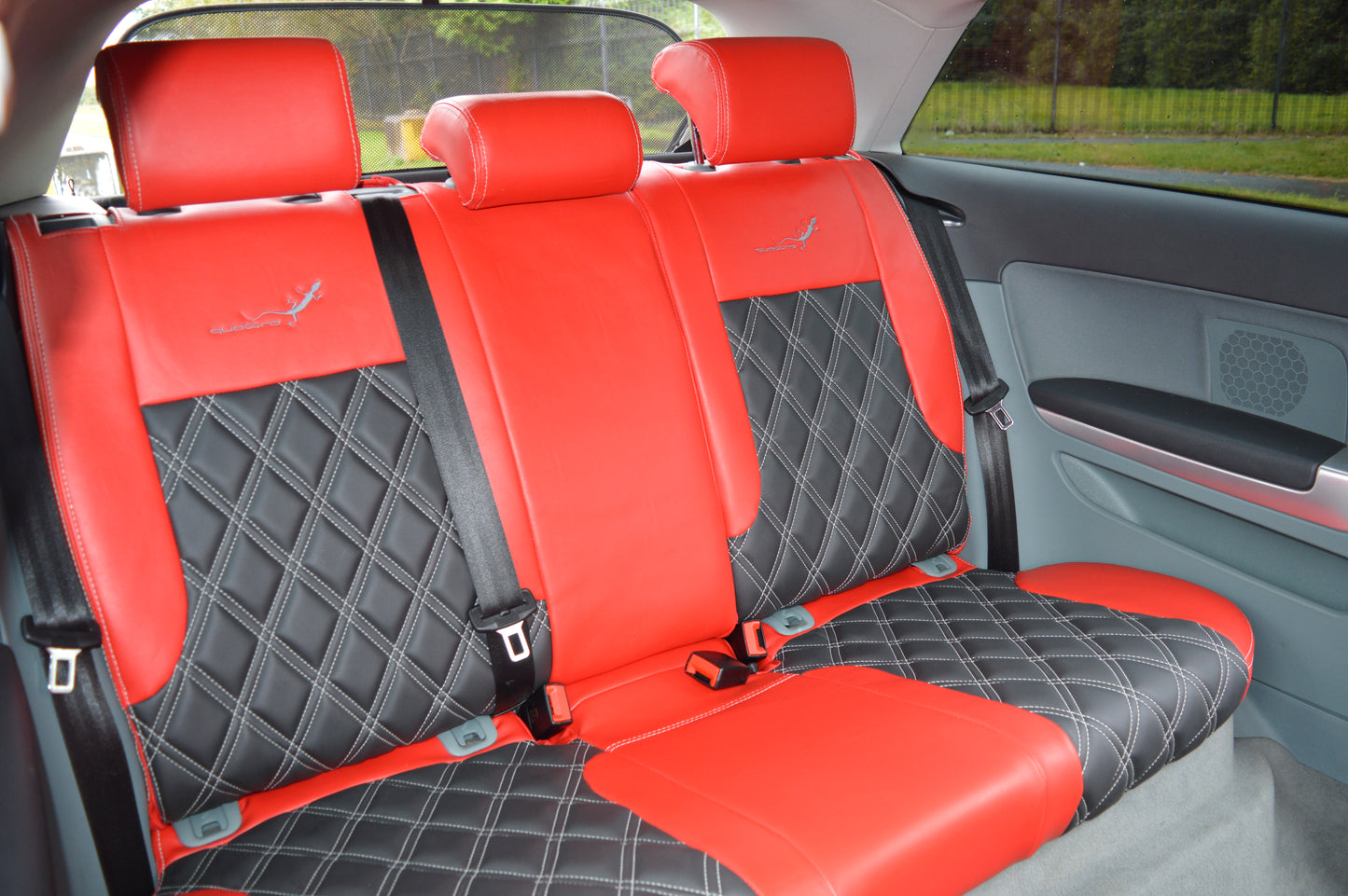 Audi A3 8P Seat Covers (2003–2012) | Red & Black Leatherette Silver Diamond Stitching | Custom Made to Order