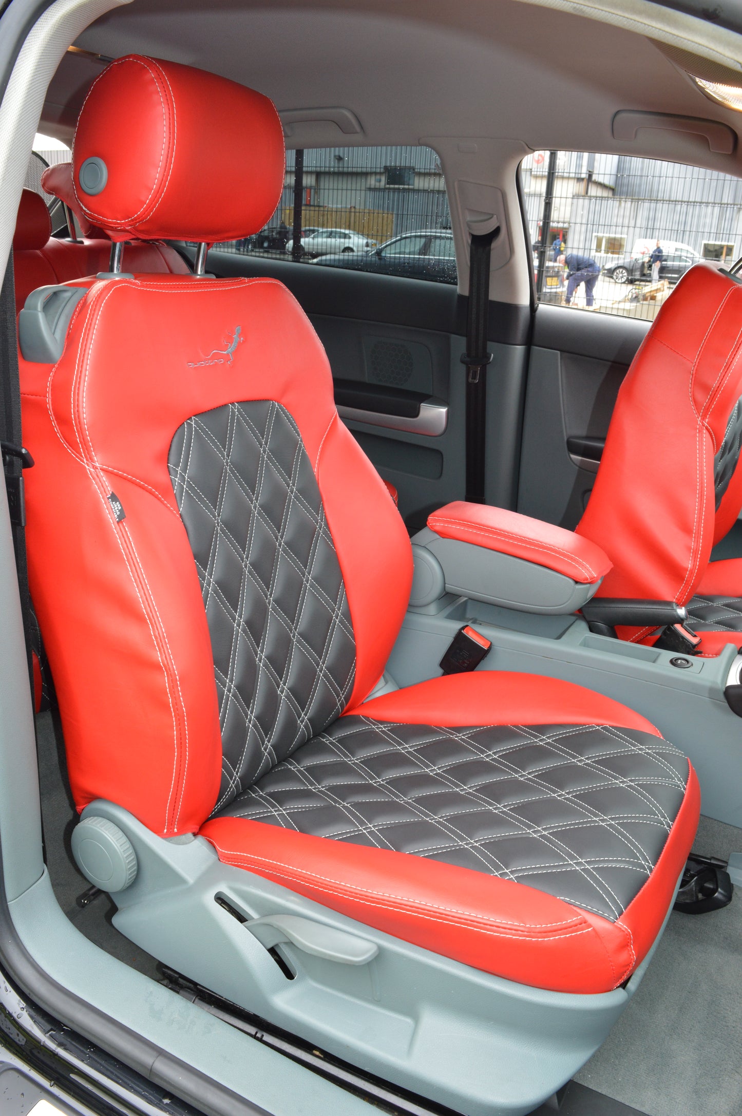 Audi A3 8P Seat Covers (2003–2012) | Red & Black Leatherette Silver Diamond Stitching | Custom Made to Order