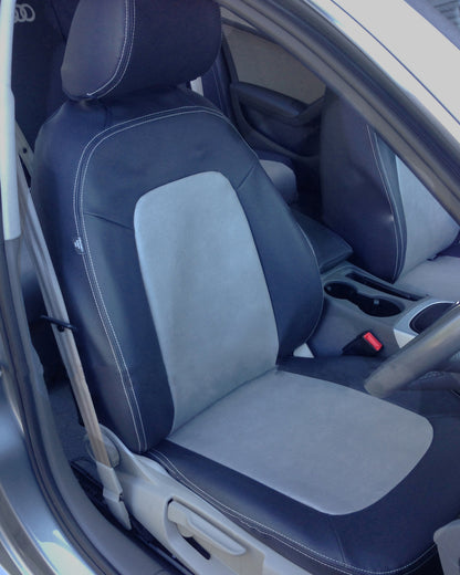 Audi A4 Seat Covers | Black Leatherette Silver Stitching & Audi Logos | Custom Made to Order
