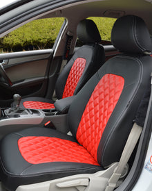 Audi A4 B8 Seat Covers (2008–2016) | Black & Red Leatherette Silver Diamond Stitching & Audi Logos | Custom Made to Order
