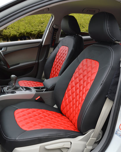 Audi A4 B8 Seat Covers (2008–2016) | Black & Red Leatherette Silver Diamond Stitching & Audi Logos | Custom Made to Order