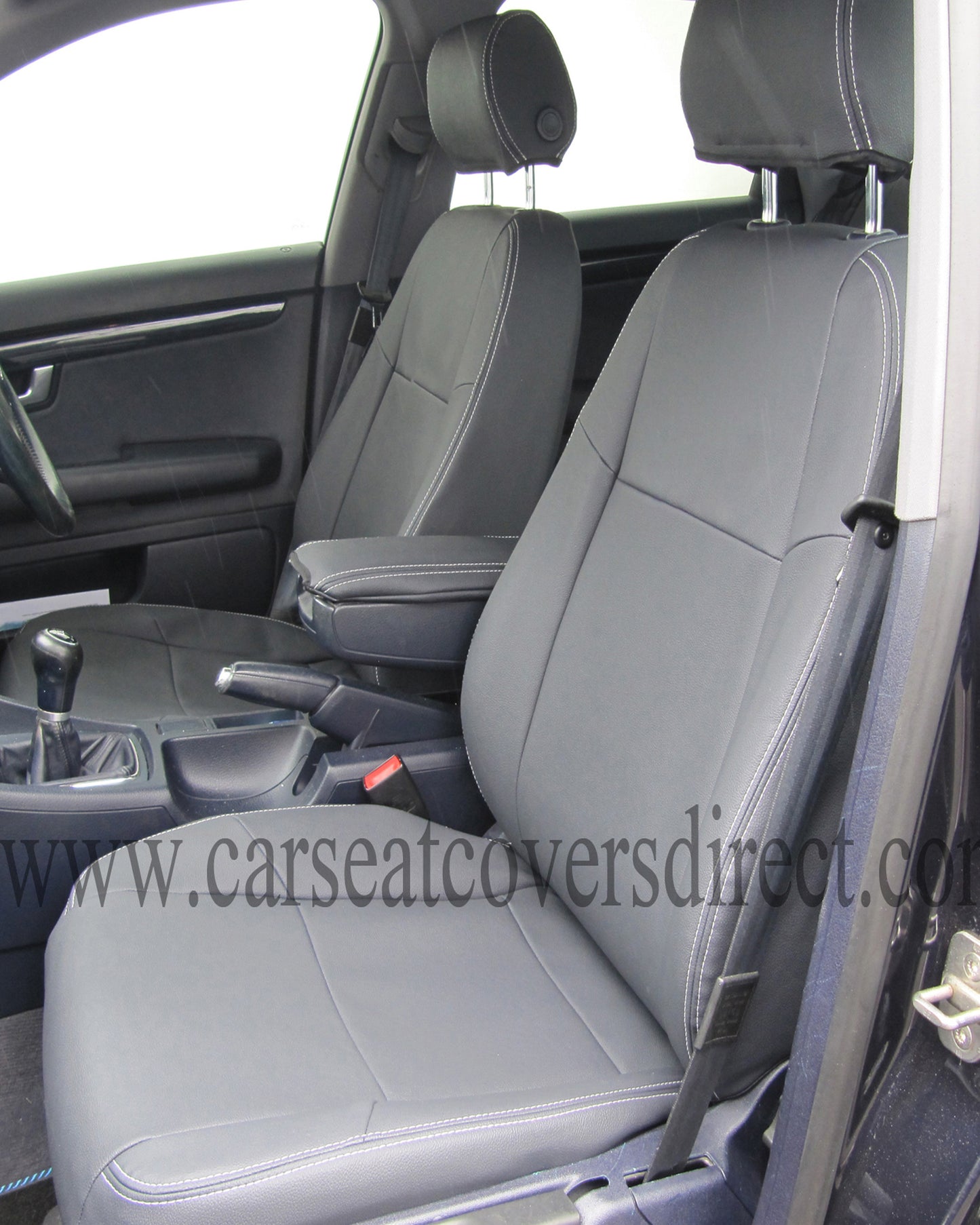 Audi A4 B7 Seat Covers (2004–2009) | Black Leatherette Silver Grey Stitching & Audi Logos | Custom Made to Order