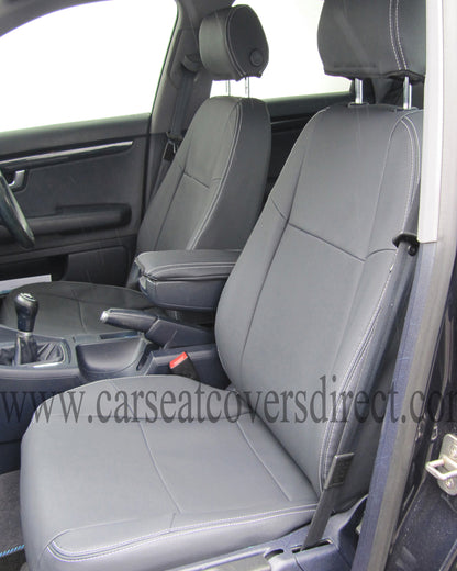 Audi A4 B7 Seat Covers (2004–2009) | Black Leatherette Silver Grey Stitching & Audi Logos | Custom Made to Order