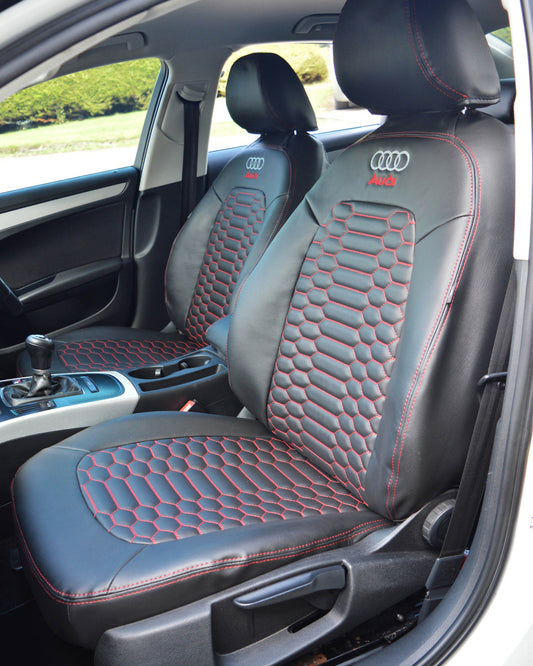 Audi A4 B8 Seat Covers (2008–2016) | Black Leatherette Red Honeycomb Stitching & Audi Logos | Custom Made to Order