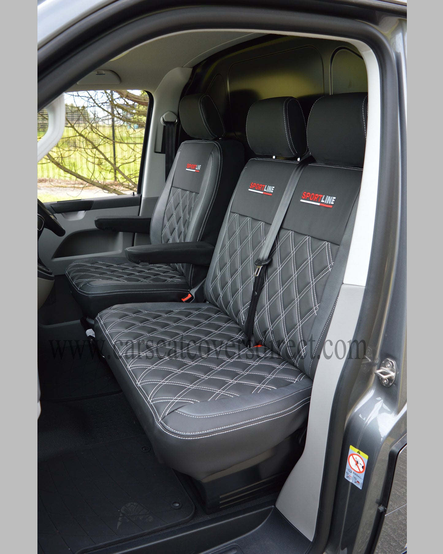 Volkswagen VW Transporter T6 Seat Covers - Charcoal & Modena Leatherette Diamonds with Sportline Logos