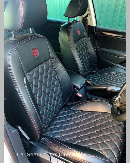 Volkswagen VW Golf MK5 / MK6 Tailored Seat Covers - Black with Diamonds & Red Stitching