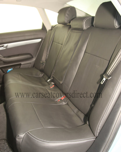 Audi A6 Seat Covers | Black Leatherette & Lazer Blue Fabric Centres Silver Stitching | Custom Made to Order