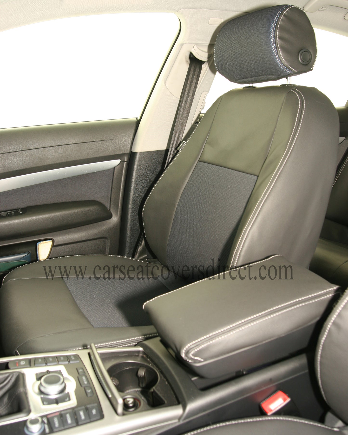 Audi A6 Seat Covers | Black Leatherette & Lazer Blue Fabric Centres Silver Stitching | Custom Made to Order