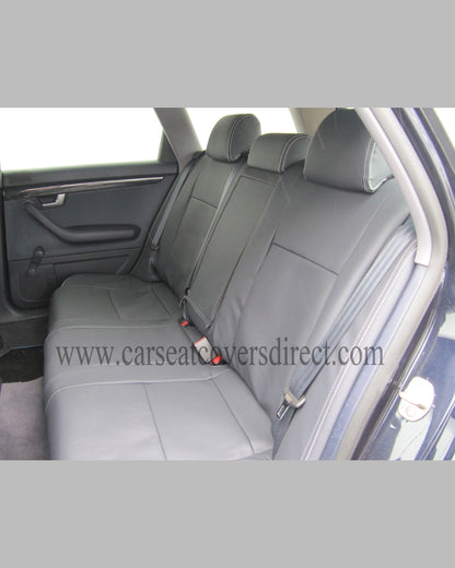 Audi A4 B7 Seat Covers (2004–2009) | Black Leatherette Silver Grey Stitching & Audi Logos | Custom Made to Order