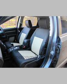 car Seat Covers DODGE JOURNEY. Charcoal leatherette Sides & Beige Centers and Beige Stitching.