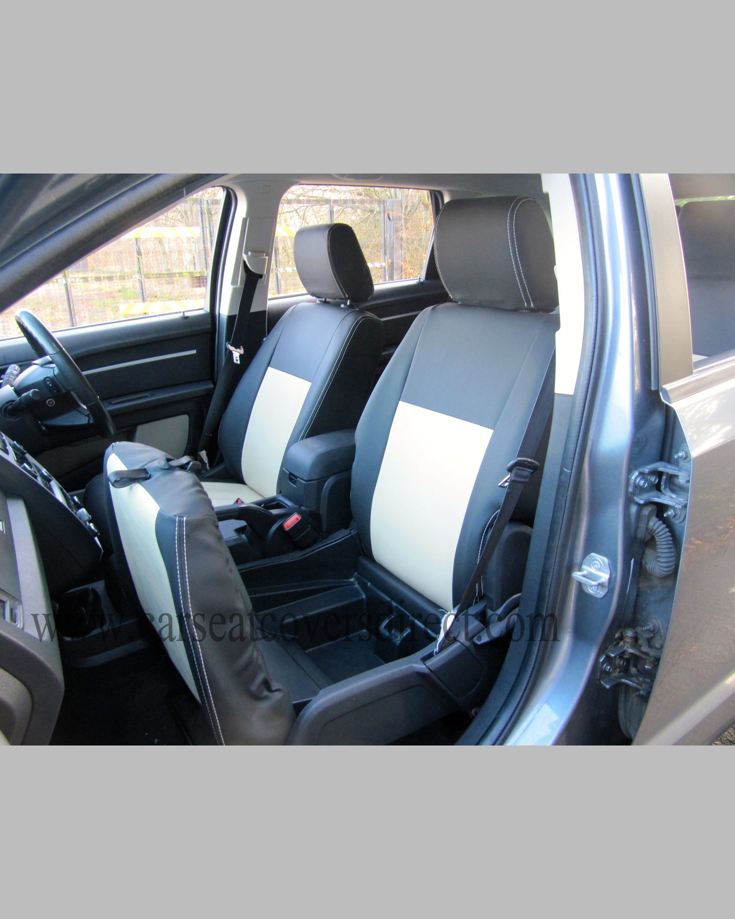 car Seat Covers DODGE JOURNEY. Charcoal leatherette Sides & Beige Centers and Beige Stitching.