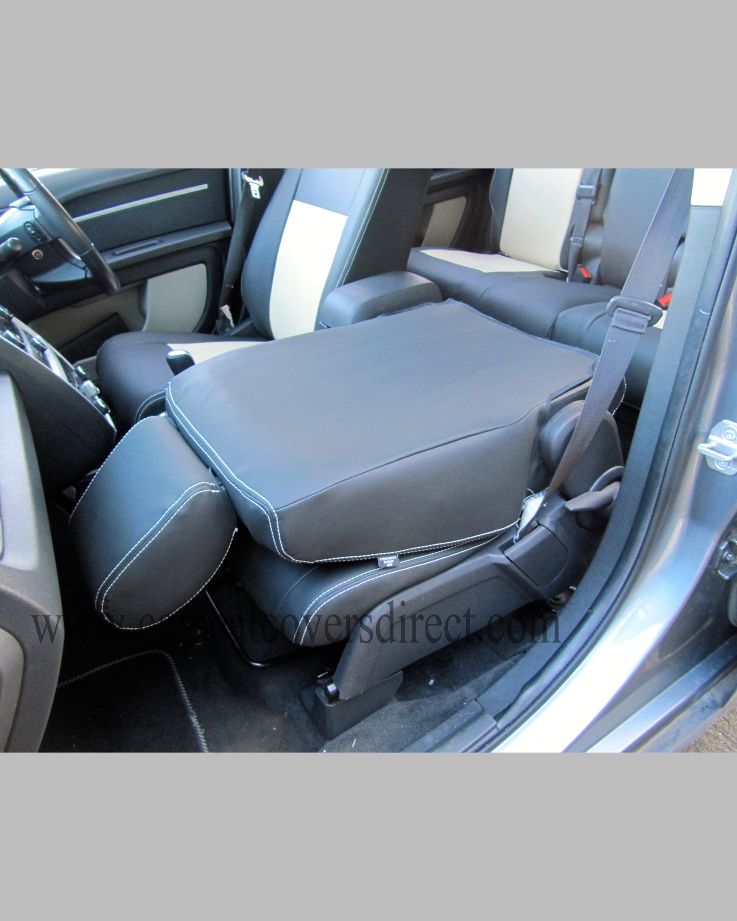 car Seat Covers DODGE JOURNEY. Charcoal leatherette Sides & Beige Centers and Beige Stitching.