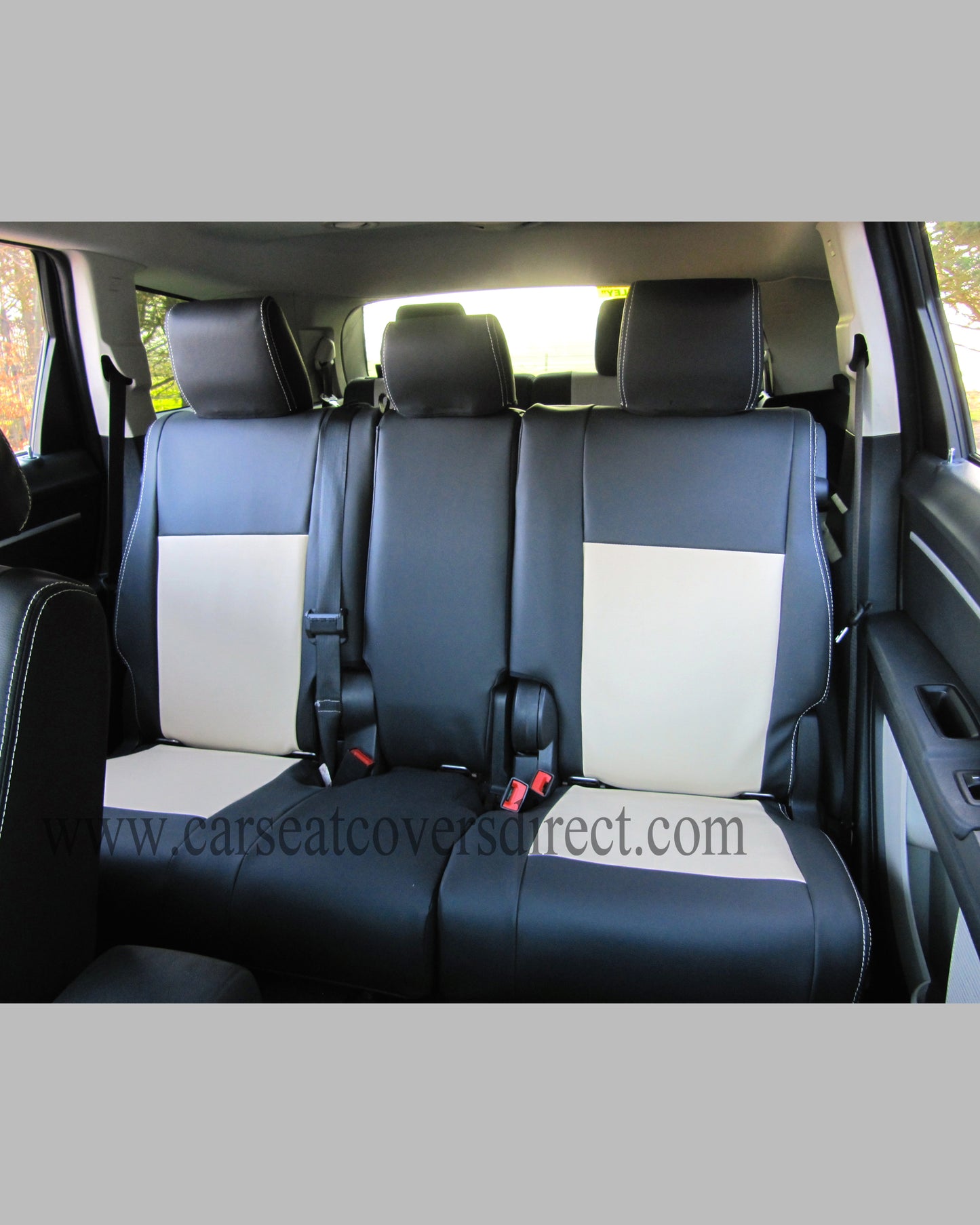car Seat Covers DODGE JOURNEY. Charcoal leatherette Sides & Beige Centers and Beige Stitching.