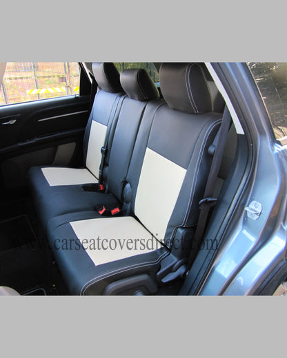 car Seat Covers DODGE JOURNEY. Charcoal leatherette Sides & Beige Centers and Beige Stitching.