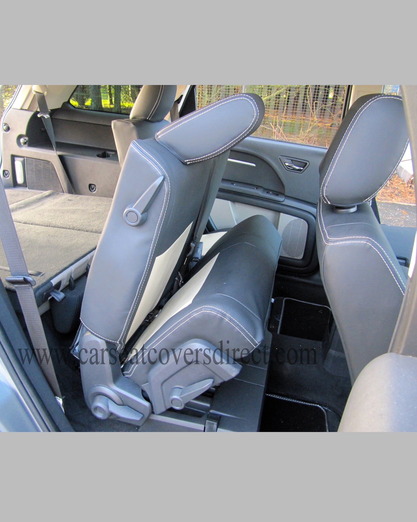 car Seat Covers DODGE JOURNEY. Charcoal leatherette Sides & Beige Centers and Beige Stitching.