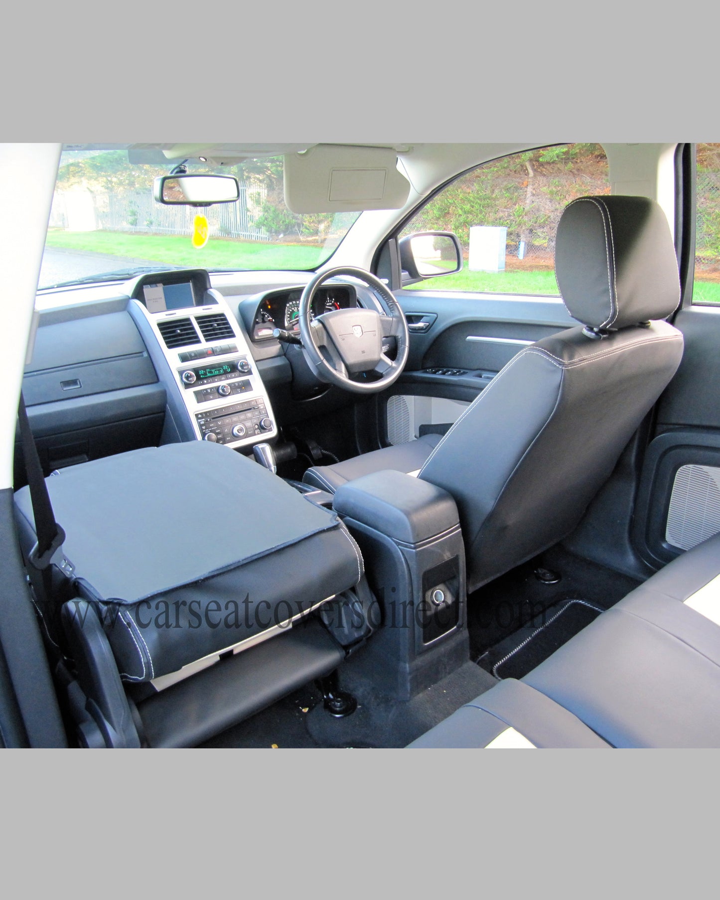 car Seat Covers DODGE JOURNEY. Charcoal leatherette Sides & Beige Centers and Beige Stitching.