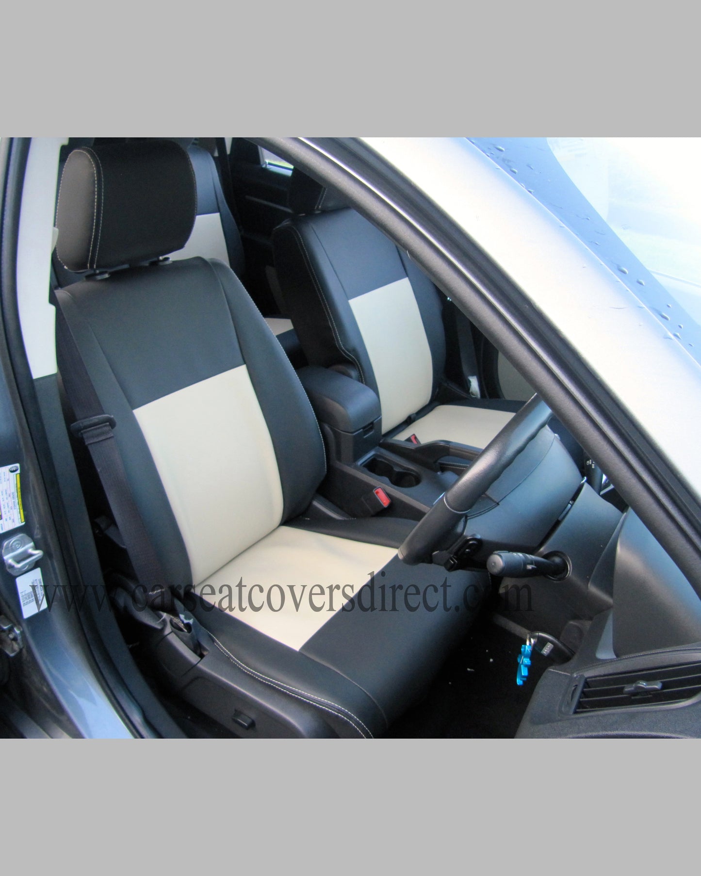 car Seat Covers DODGE JOURNEY. Charcoal leatherette Sides & Beige Centers and Beige Stitching.
