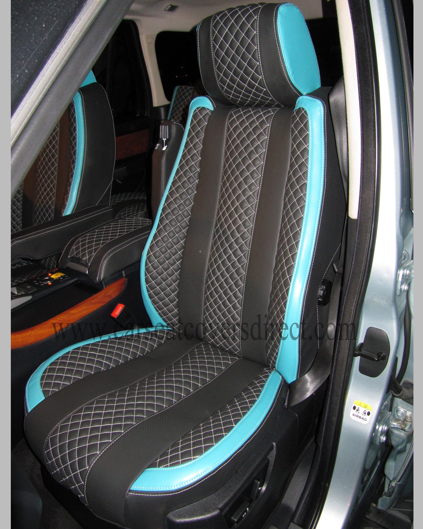 Range Rover Sport Seat Covers - Charcoal PVC with Sea Green Side Panels