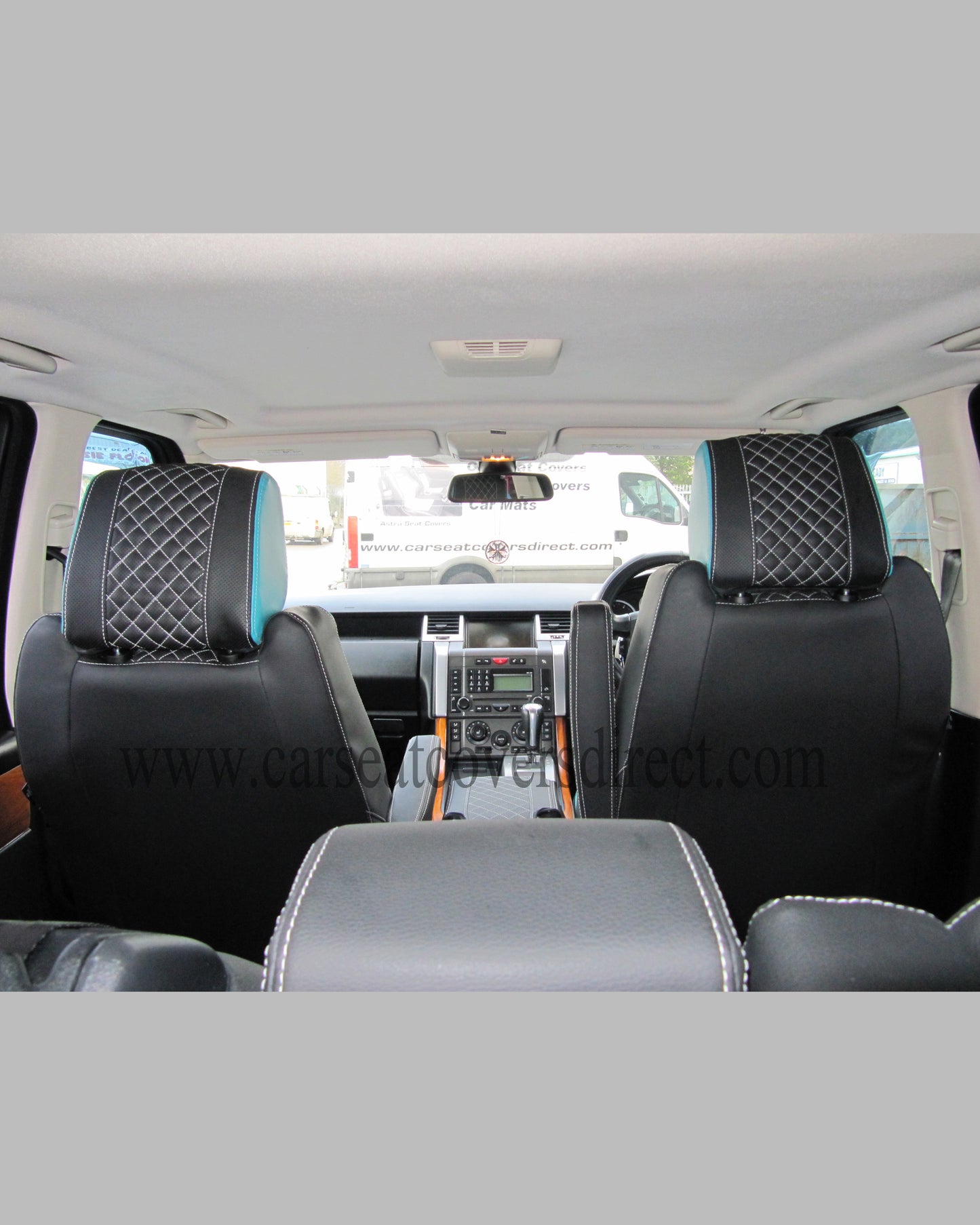 Range Rover Sport Seat Covers - Charcoal PVC with Sea Green Side Panels