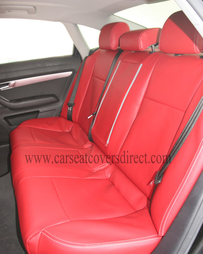 Audi A6 C6 Seat Covers (2004–2011) | Red Leatherette Silver Stitching & Audi Logos | Custom Made to Order