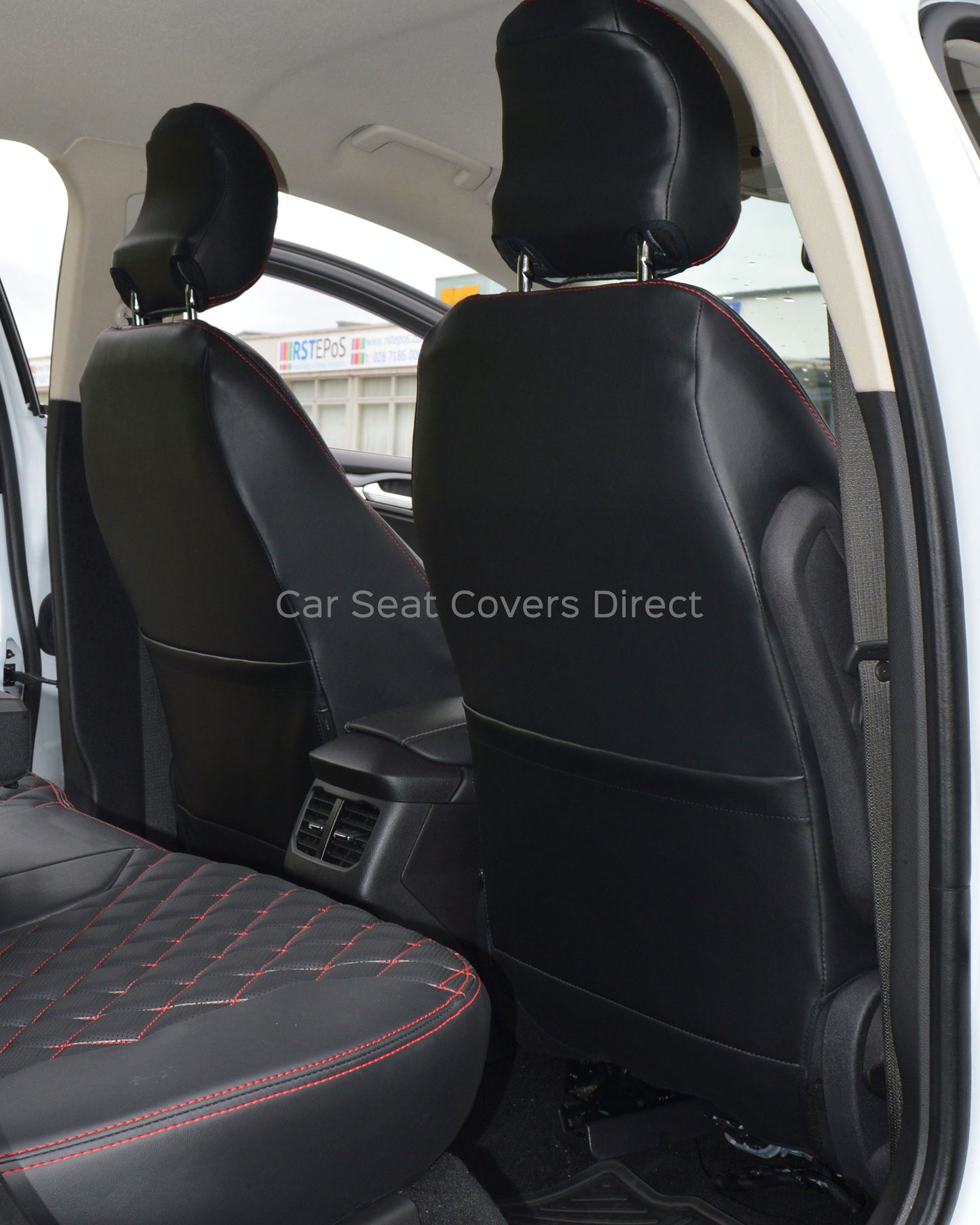 Ford Mondeo Tailored Seat Covers - Black Leatherette Diamonds, Red Stitching and Logos